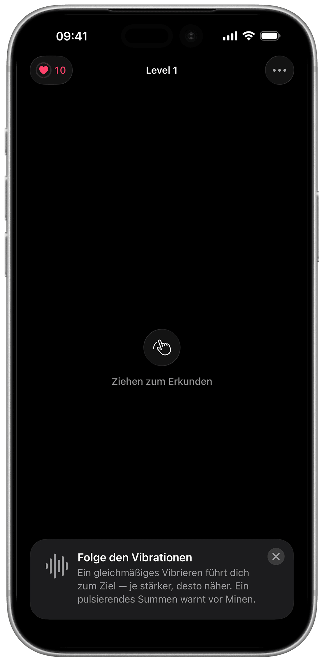 Spielbildschirm — Ziehen zum Erkunden in Pulsefield
