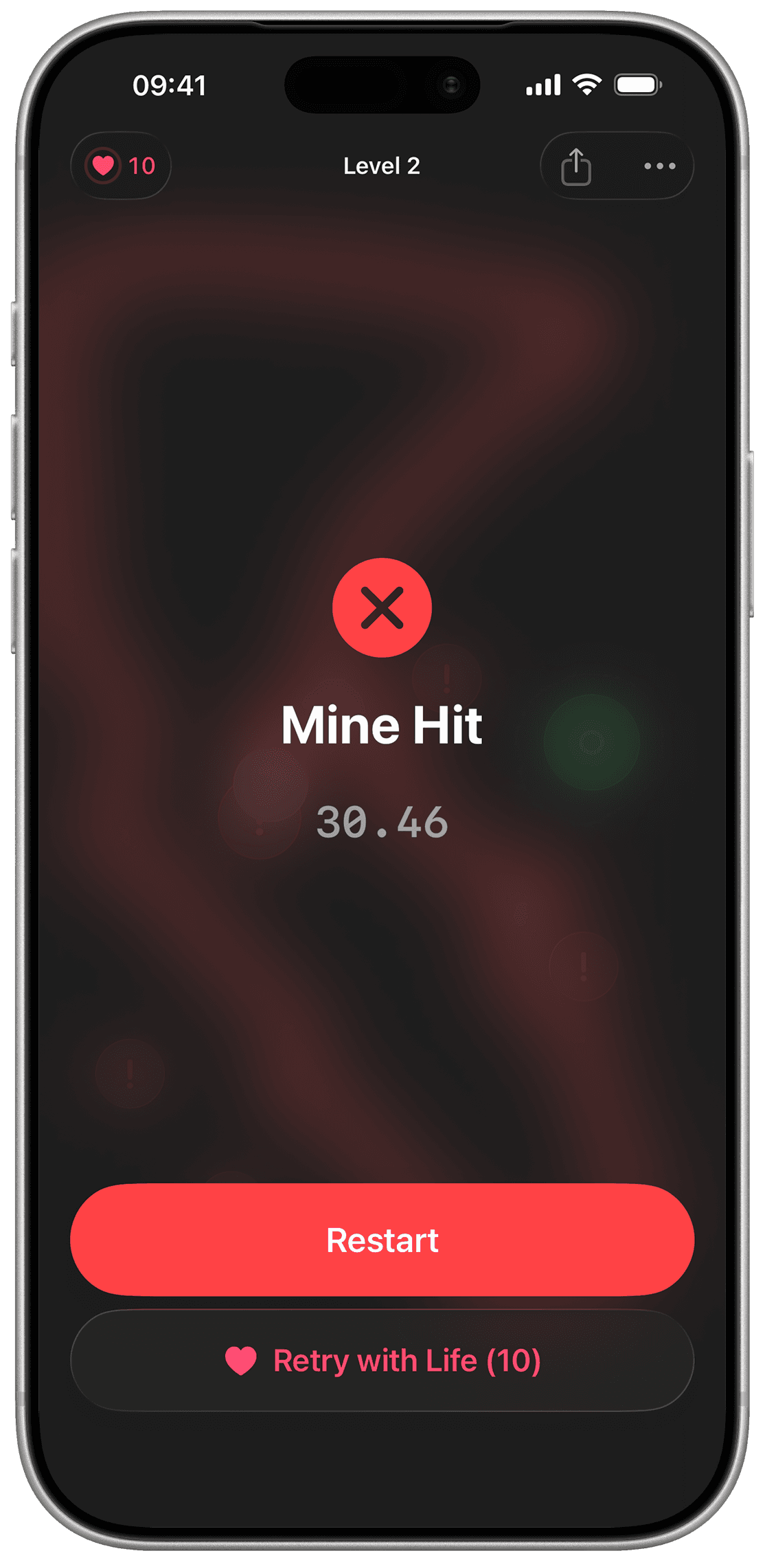 Mine Hit screen — Pulsefield for iPhone
